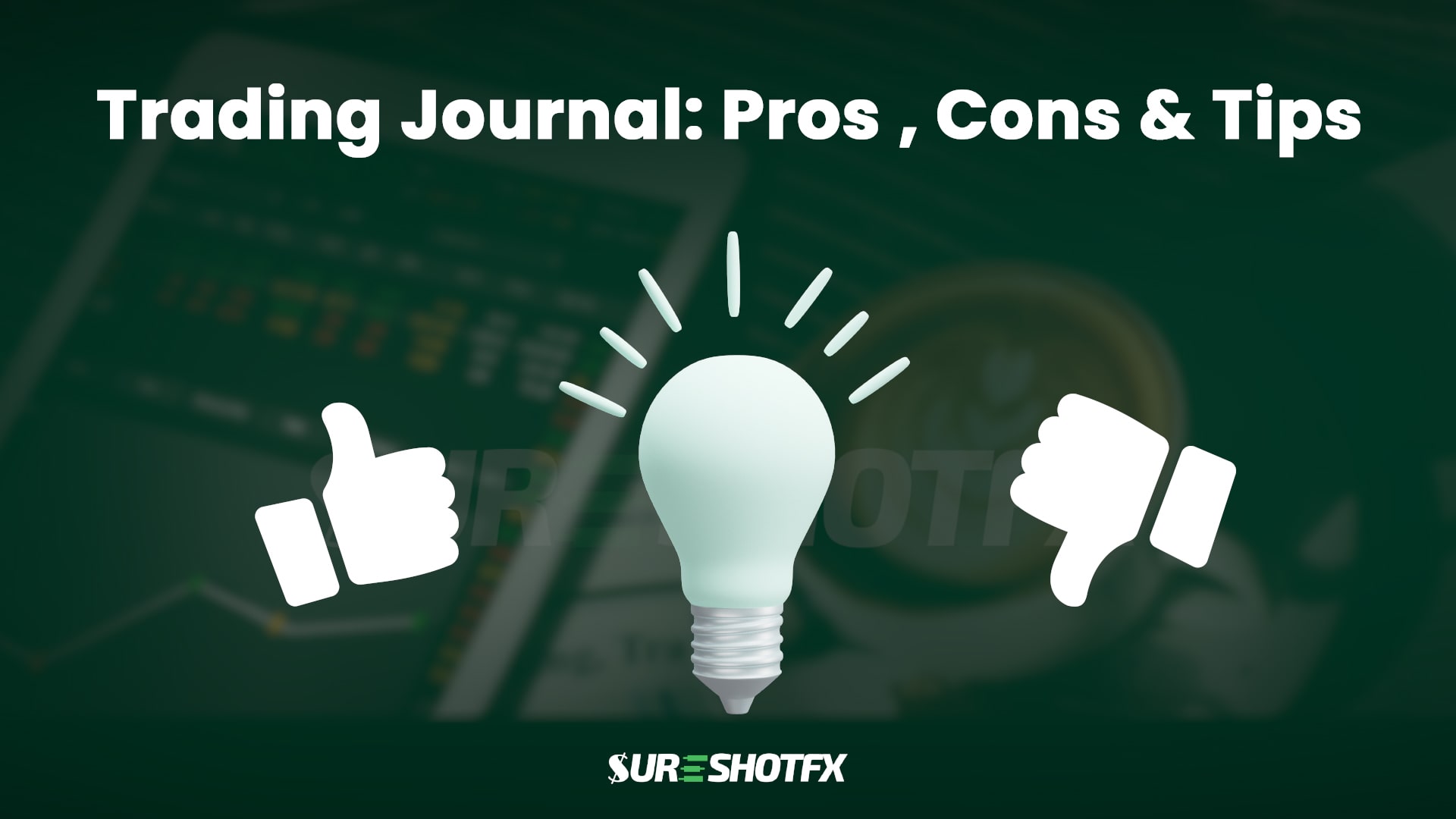 Image depicting a light bulb with rays of light, text reading 'Trading Journal: Pros, Cons & Tips