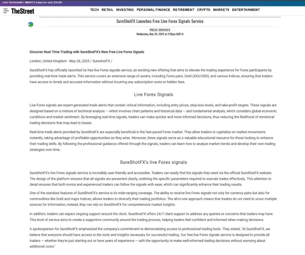 The Street SureshotFX PR release in May 2025