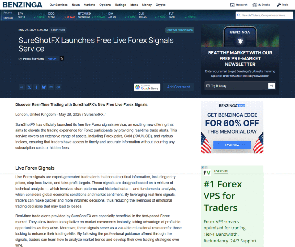 Benzinga SureshotFX PR release in May 2025