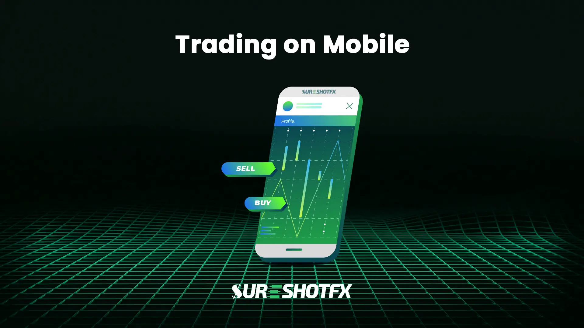 green background and a mobile showing forex chart depicts trading on mobile